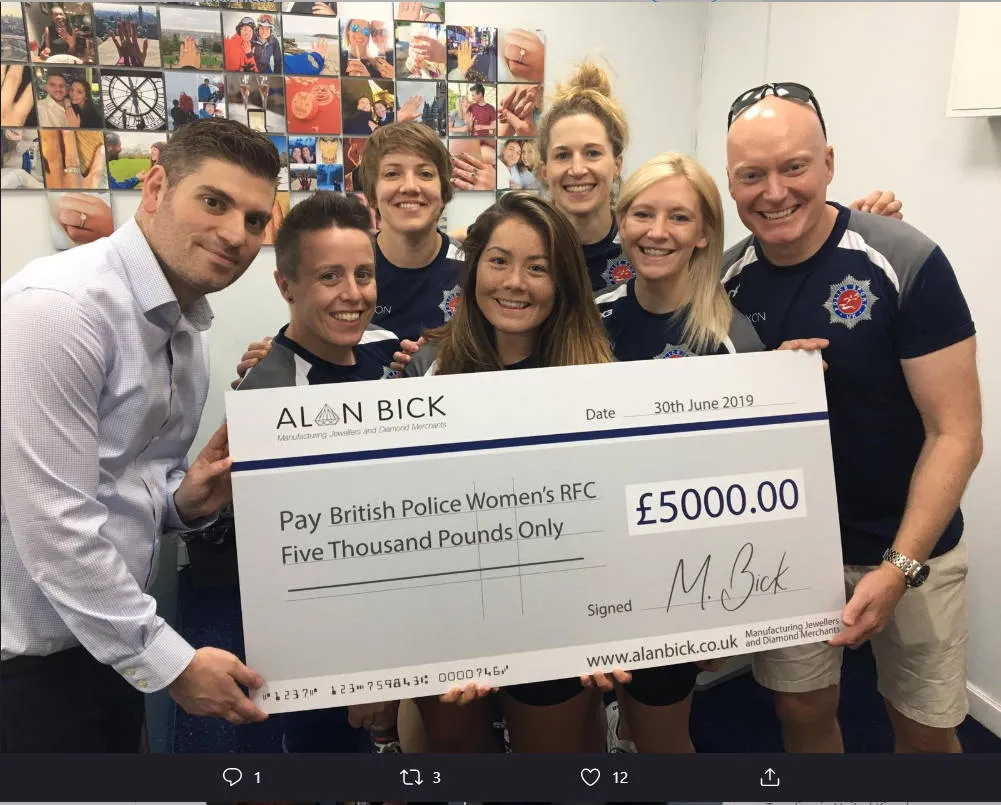 Giant cheque for Alan Bick, sponsors of British Police Women’s RFC