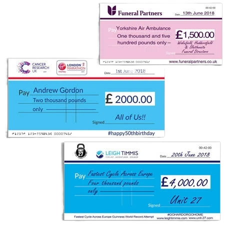 The three Mega Cheques sizes — Mini, Maxi and Mega — side by side